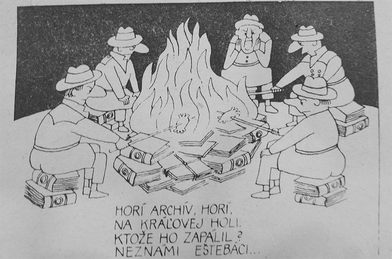Horí archív horí, na Kráľovej holi, karikatúra v časopise Zmena. 1989. Univerzitná knižnica v Bratislave